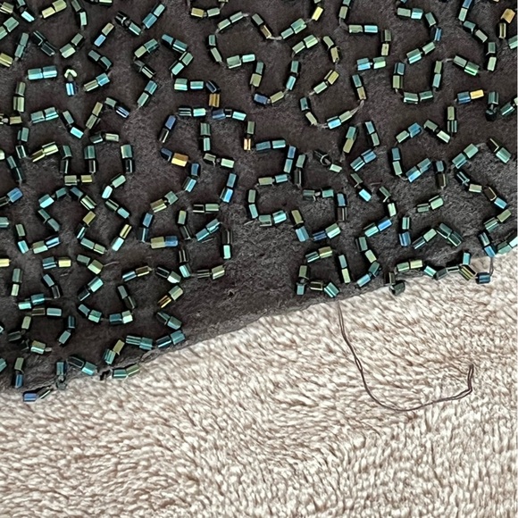 Vintage 80’s Silk Allover BEADED DRESS Shimmer Low Back Sleeveless Black Green 4 - Picture 14 of 14